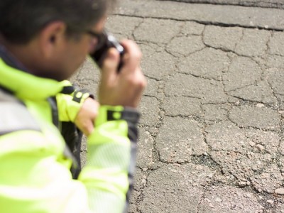 Risse, abgehende Straße mit Rissbreitenschablone 